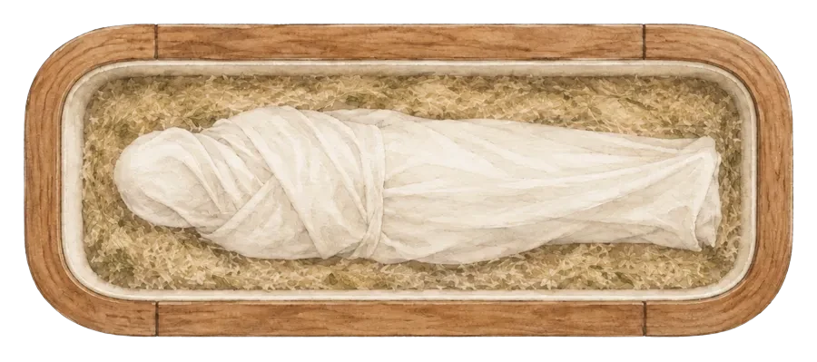 An open vessel lined with a bed of straw, with a person laid on top in a shroud.