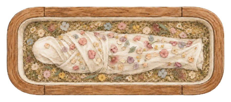 The same vessel with flowers and small personal offerings placed on and around the person.