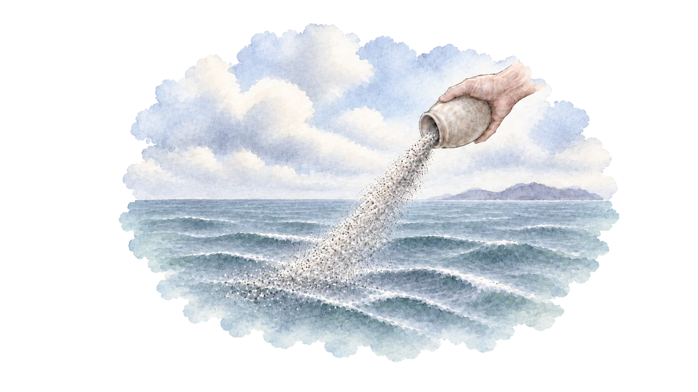 A hand tipping an urn of ashes into the sea at sunset.