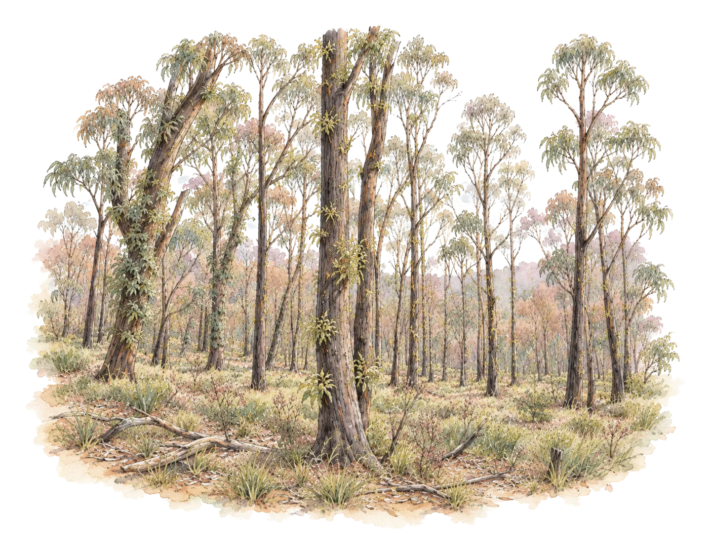 Australian bushland regenerating, with new growth coming up between the trees.