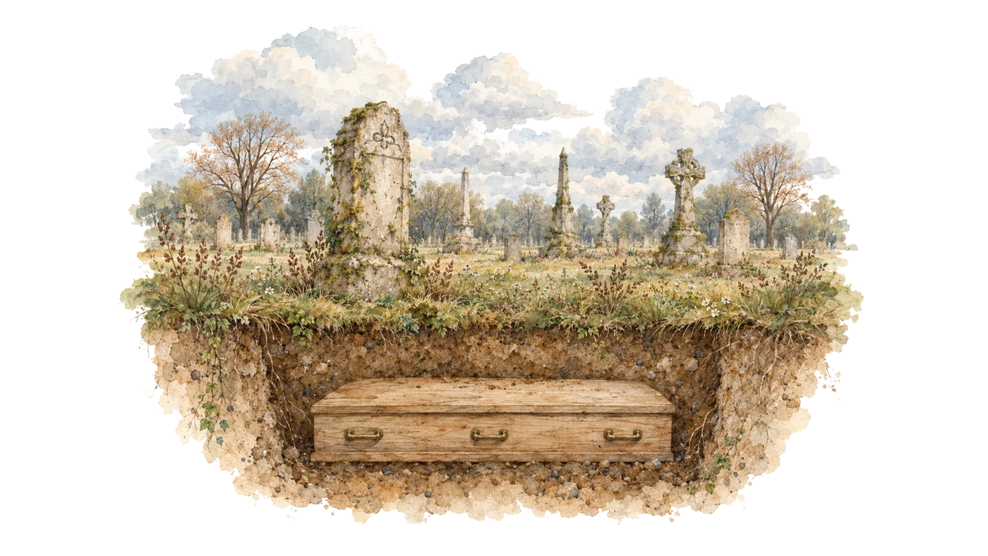 Cross-section of a cemetery: headstones and wildflowers above, a coffin sealed in the ground below.