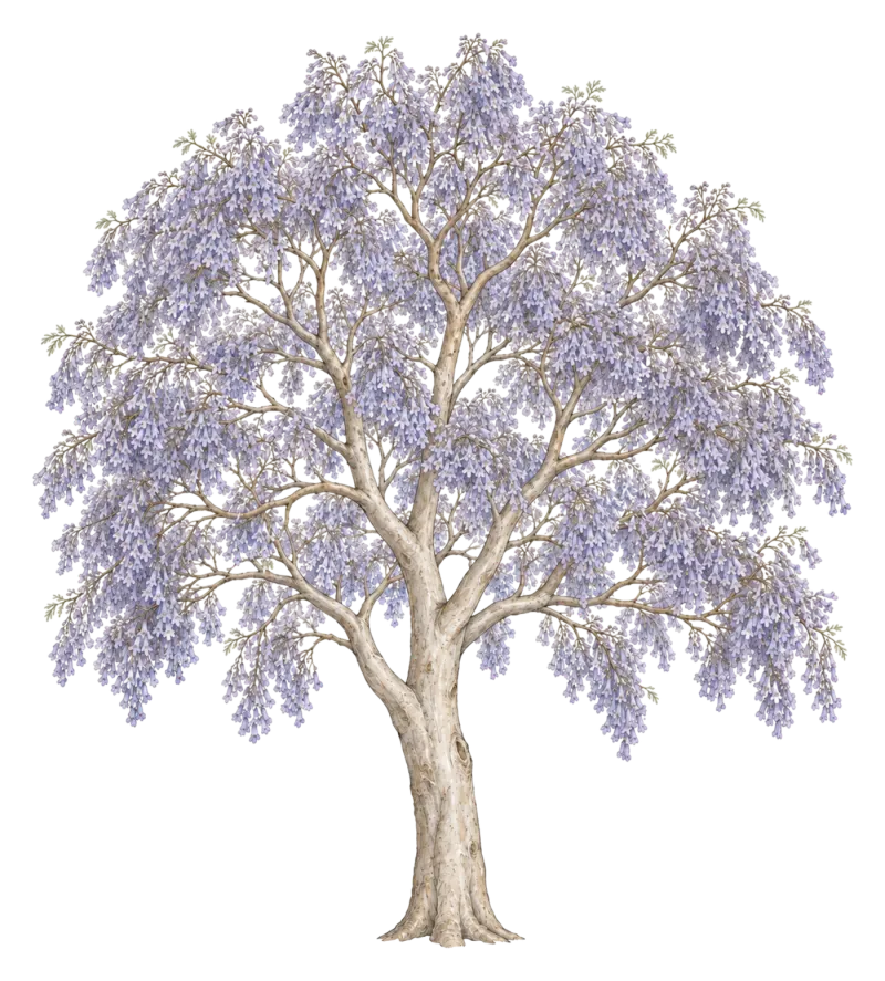 A jacaranda in full lavender-blue bloom.