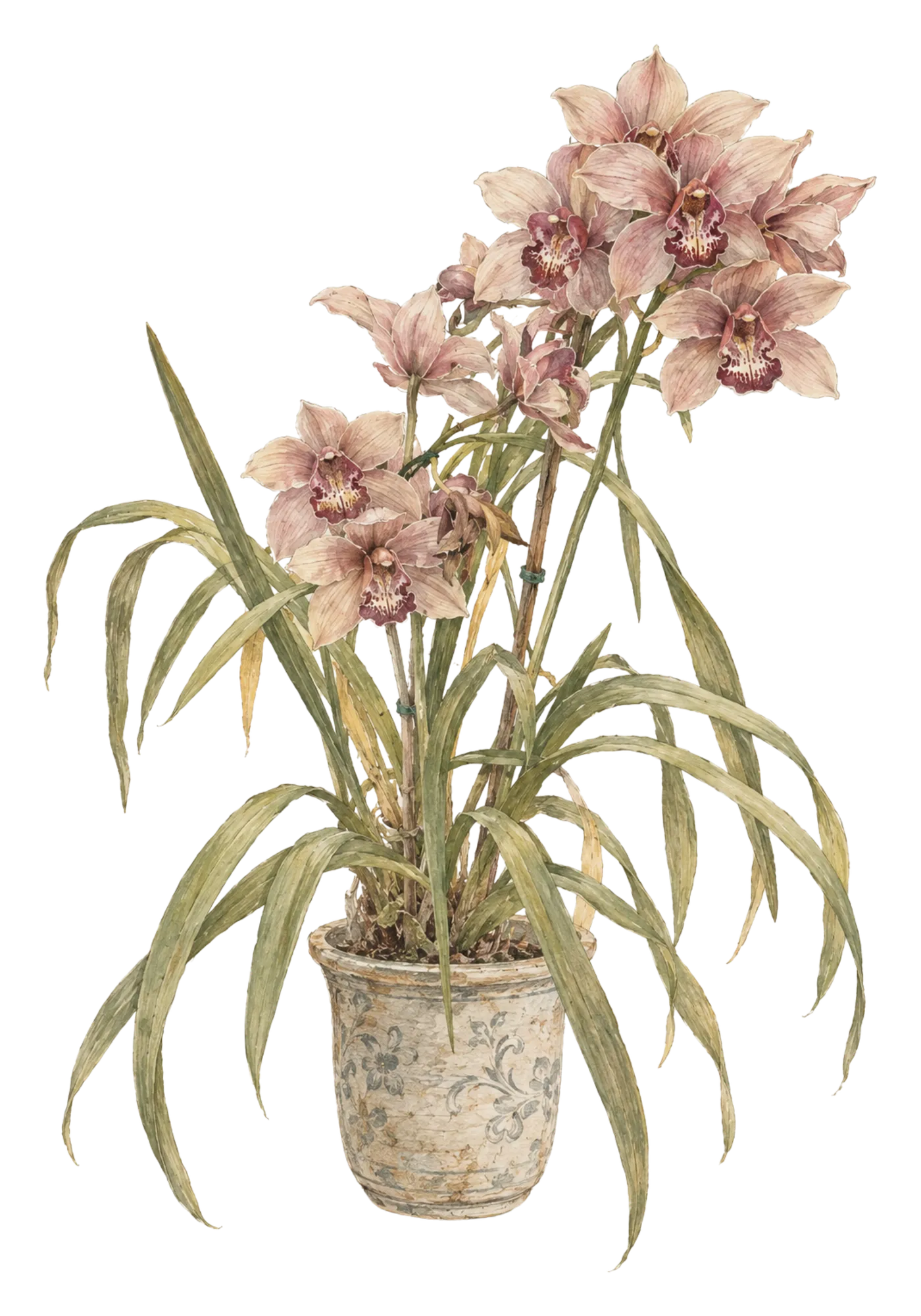 A cymbidium orchid in flower in a glazed pot.