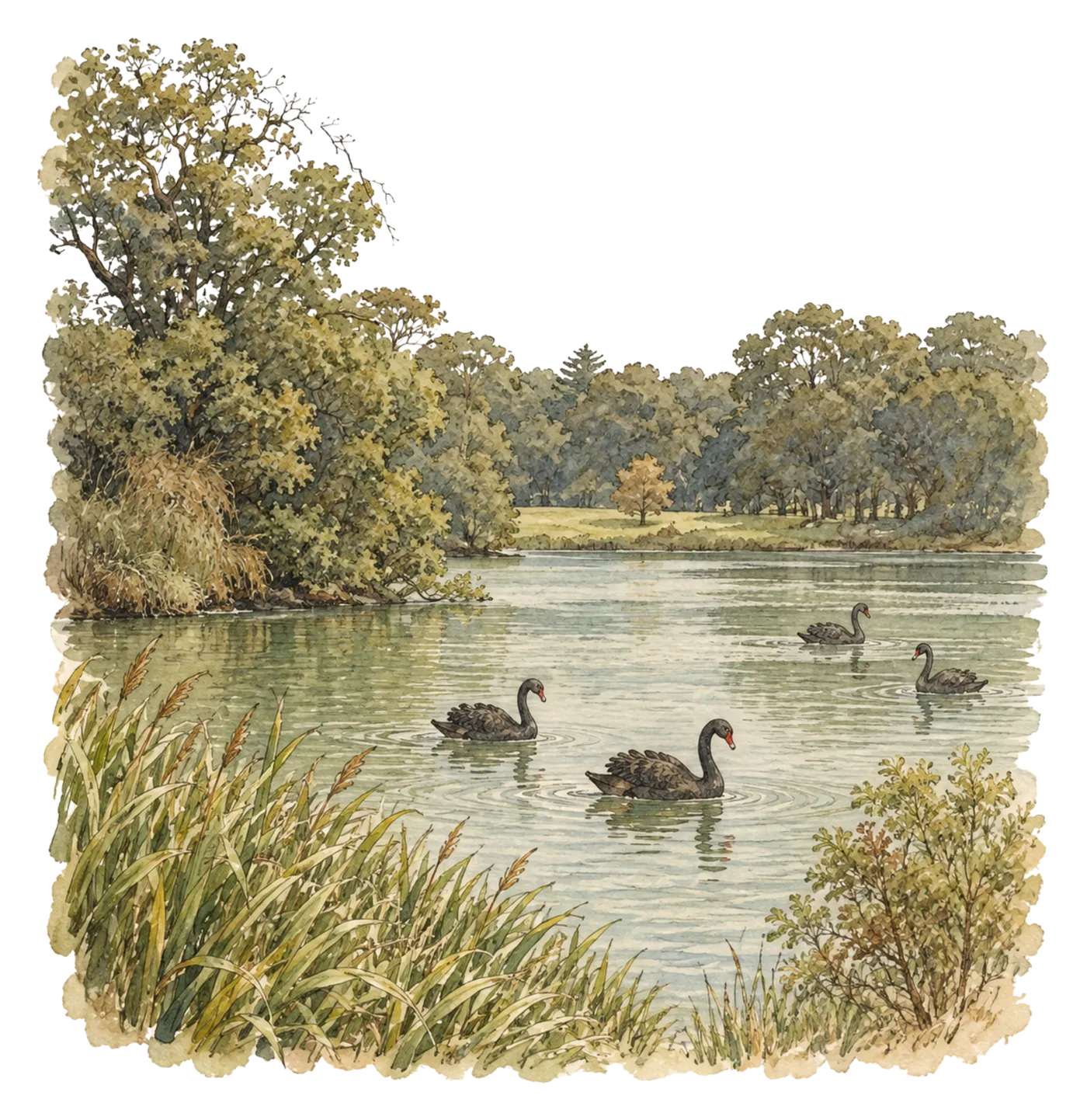 Black swans on a park lake, with reeds in the foreground and parkland beyond.