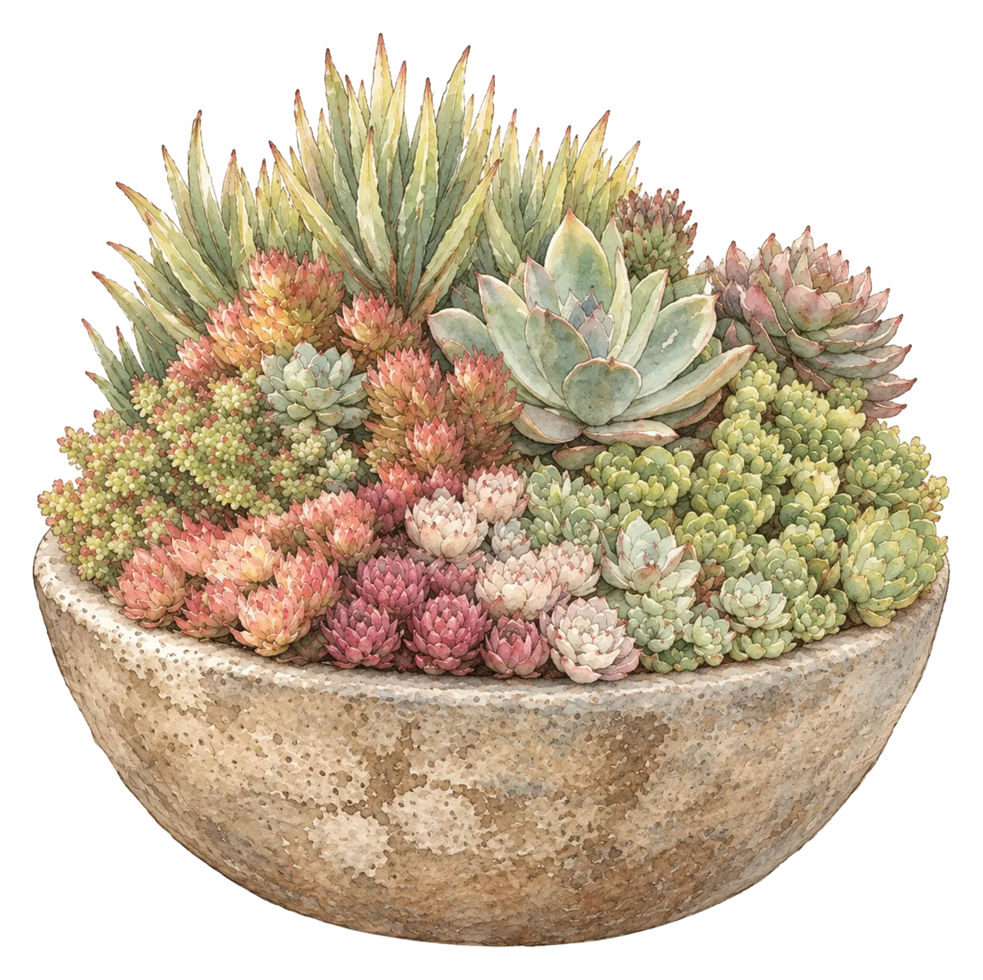 A stone bowl planted with many kinds of succulent.