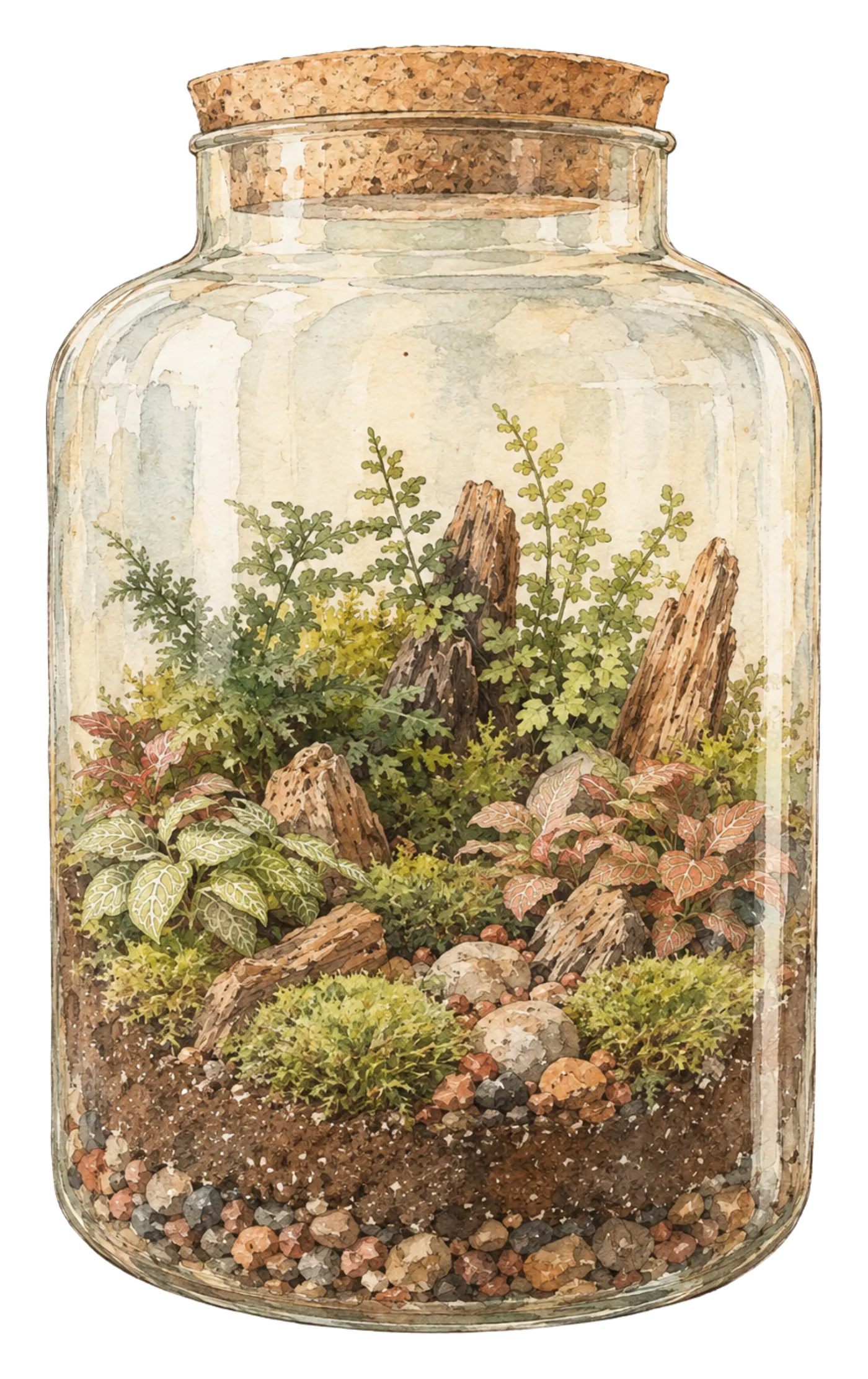 A glass terrarium planted with mosses, ferns and small leafy plants.