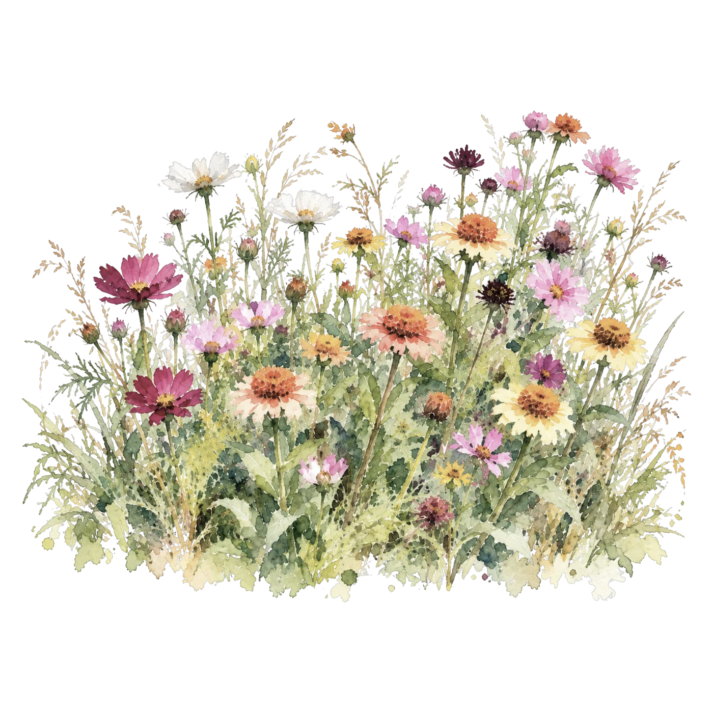 A dense bed of wildflowers in cosmos pink, white and gold.