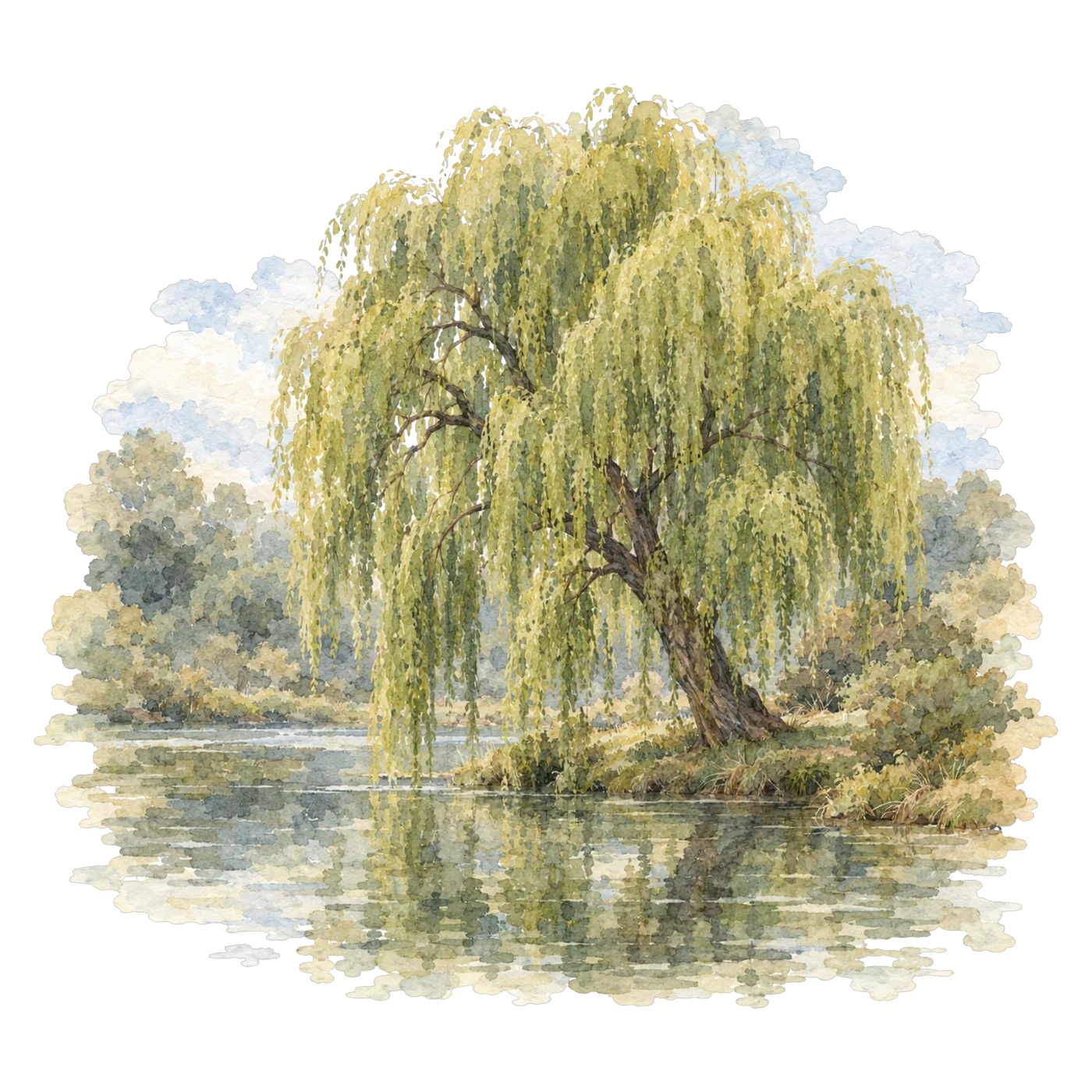 A willow leaning over still water, its branches trailing to the surface.